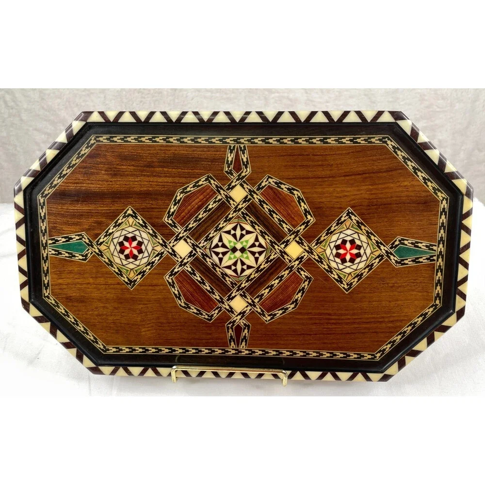 Vintage Spanish Taracea Marquetry Wooden Tray Octagonal Geometric Inlay Platter